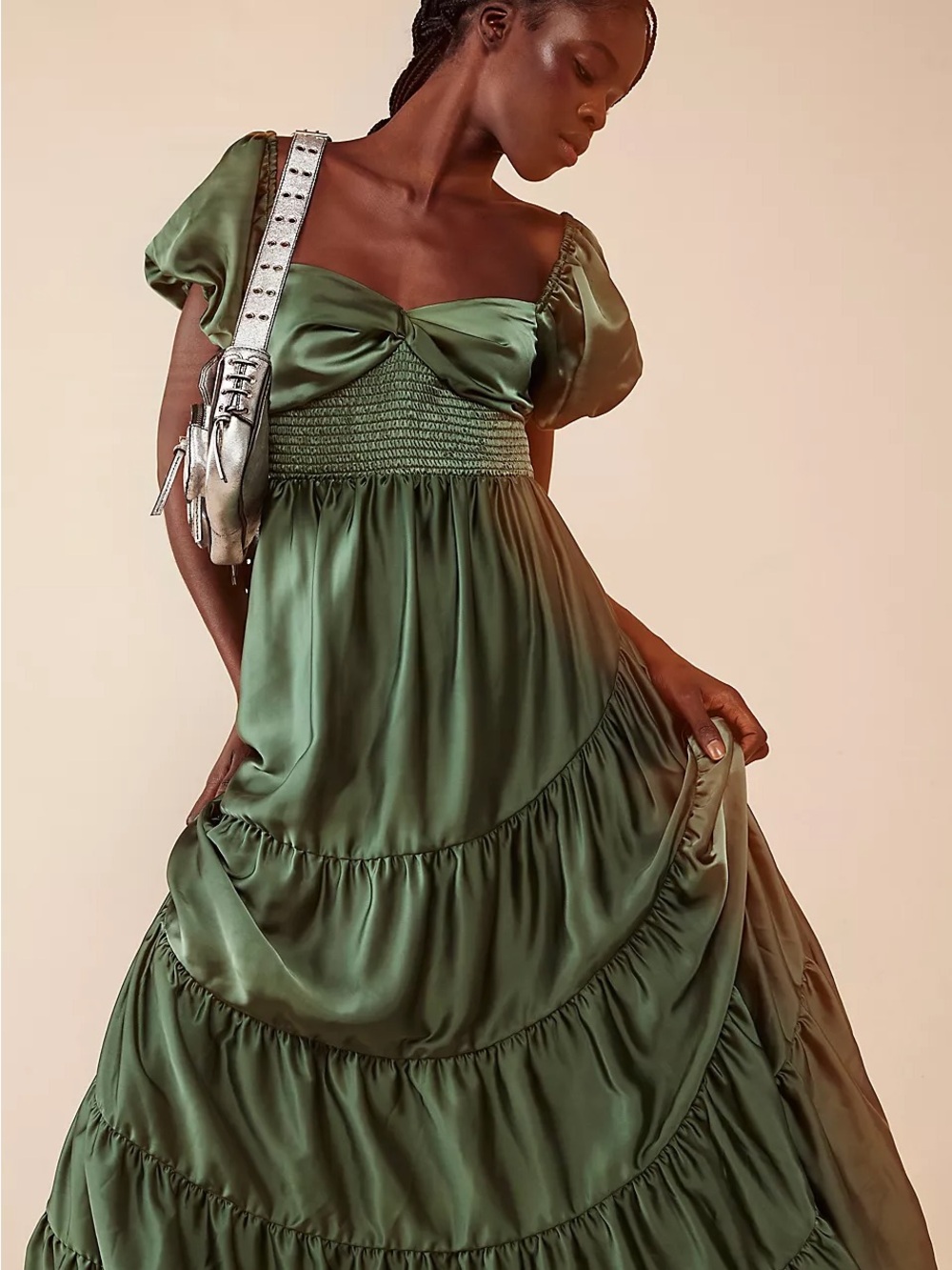 Free People Satin Olive Green Puff-Sleeve Maxi Dress